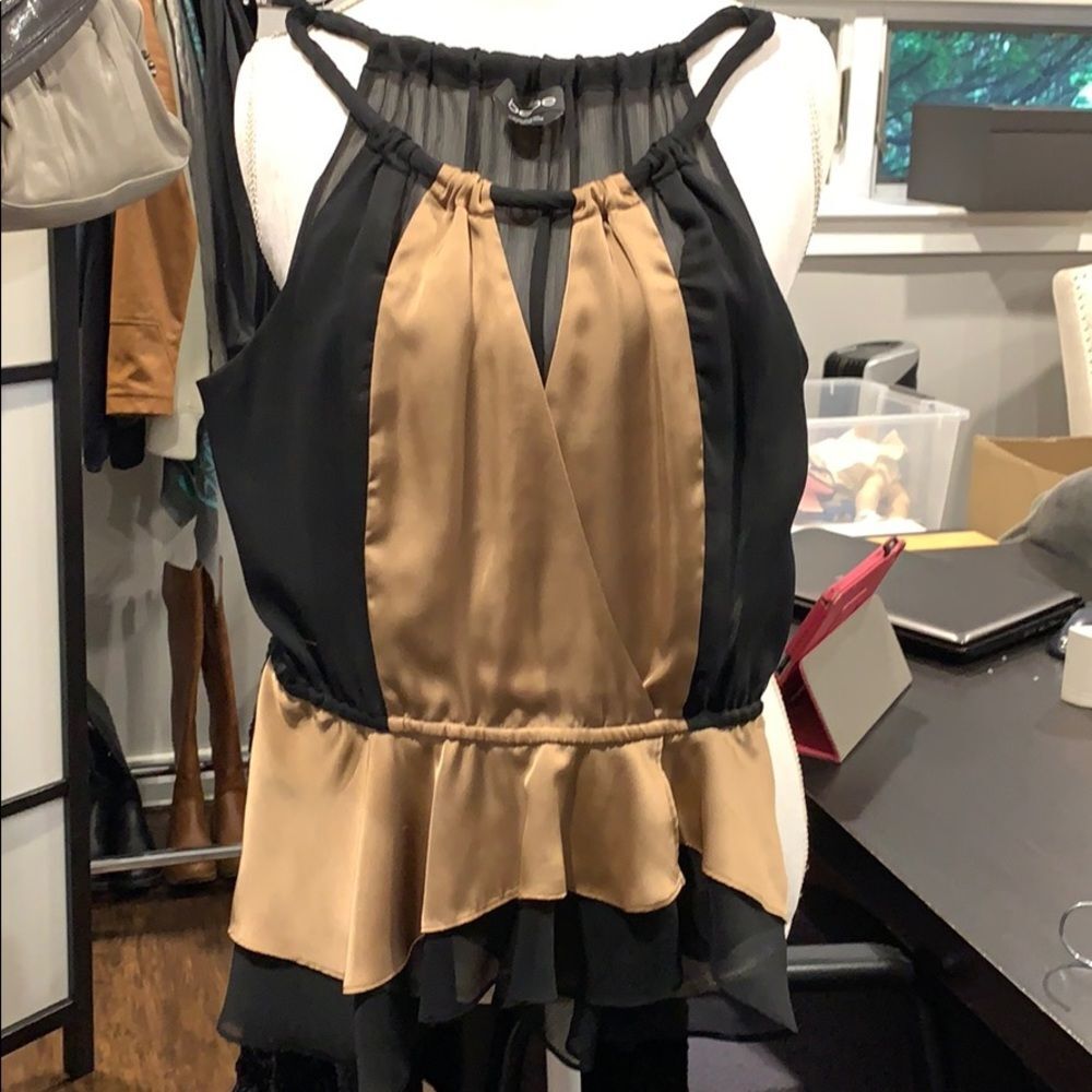 Bebe Y2K Black & Gold Sheer Halter Peplum Top XS NWOT